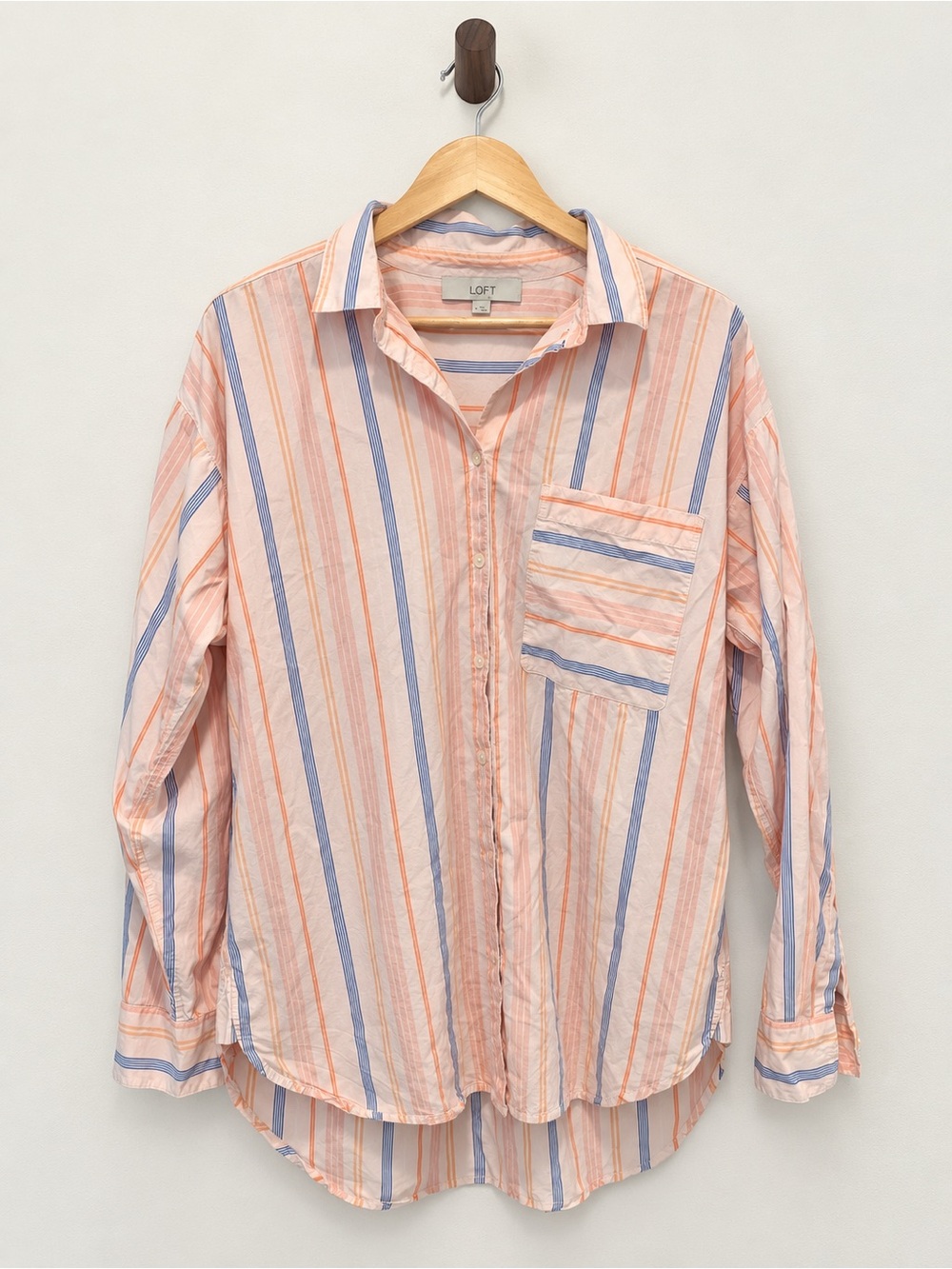 LOFT Medium Pink Orange Blue Striped Cotton Modal Button Down Shirt